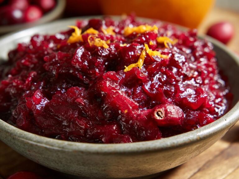 A close-up view of a bowl filled with vibrant, chunky cranberry relish, garnished with orange zest.