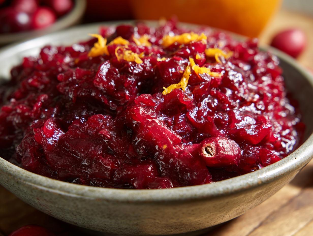 A close-up view of a bowl filled with vibrant, chunky cranberry relish, garnished with orange zest.