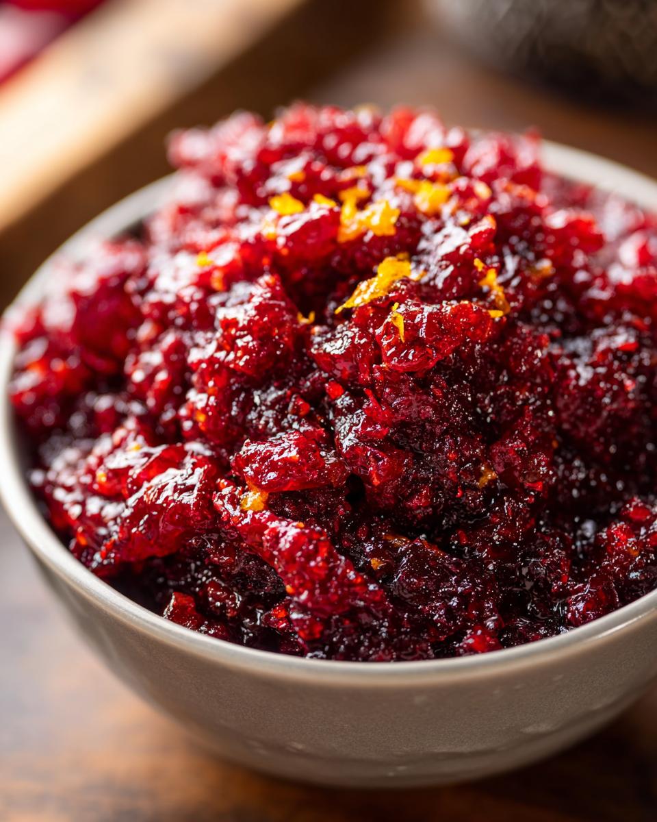 A close-up of bright red Cranberry Relish in a bowl, topped with orange zest.