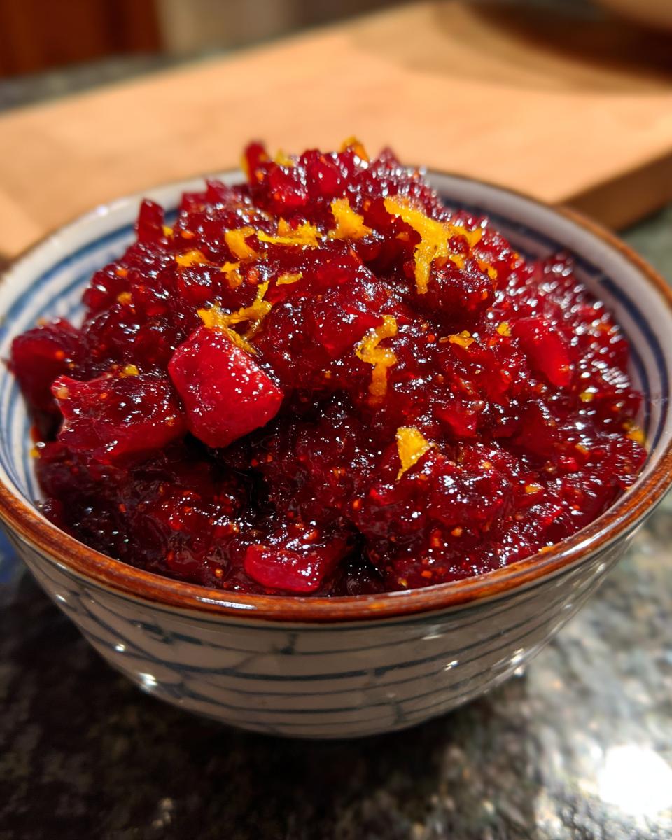 Close-up of vibrant Cranberry Relish in a decorative bowl, topped with fresh orange zest.