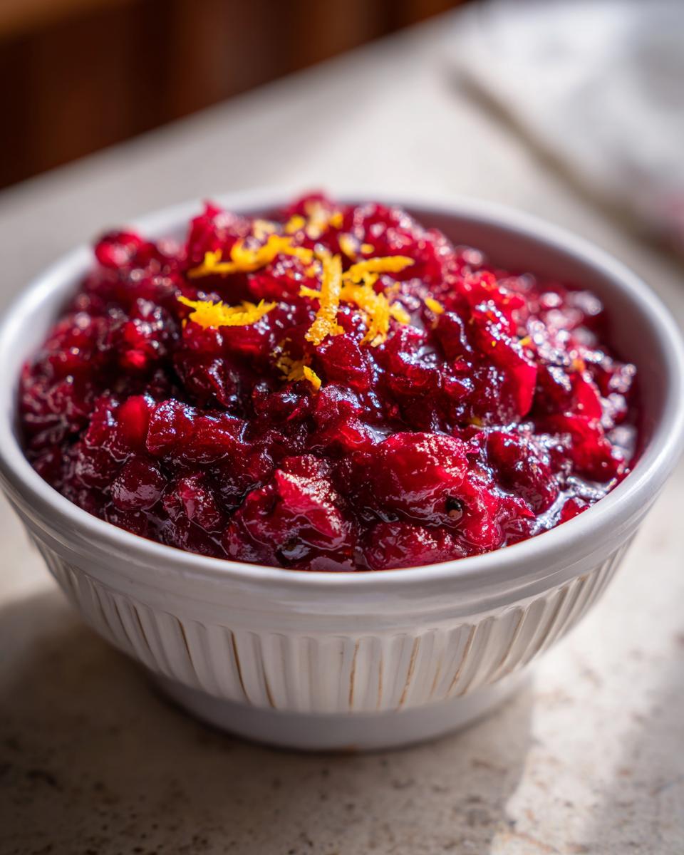 Close-up of a white bowl filled with vibrant Cranberry Relish, topped with bright orange zest.