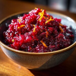 A close-up of a bowl of vibrant Cranberry Relish, topped with bright orange zest.