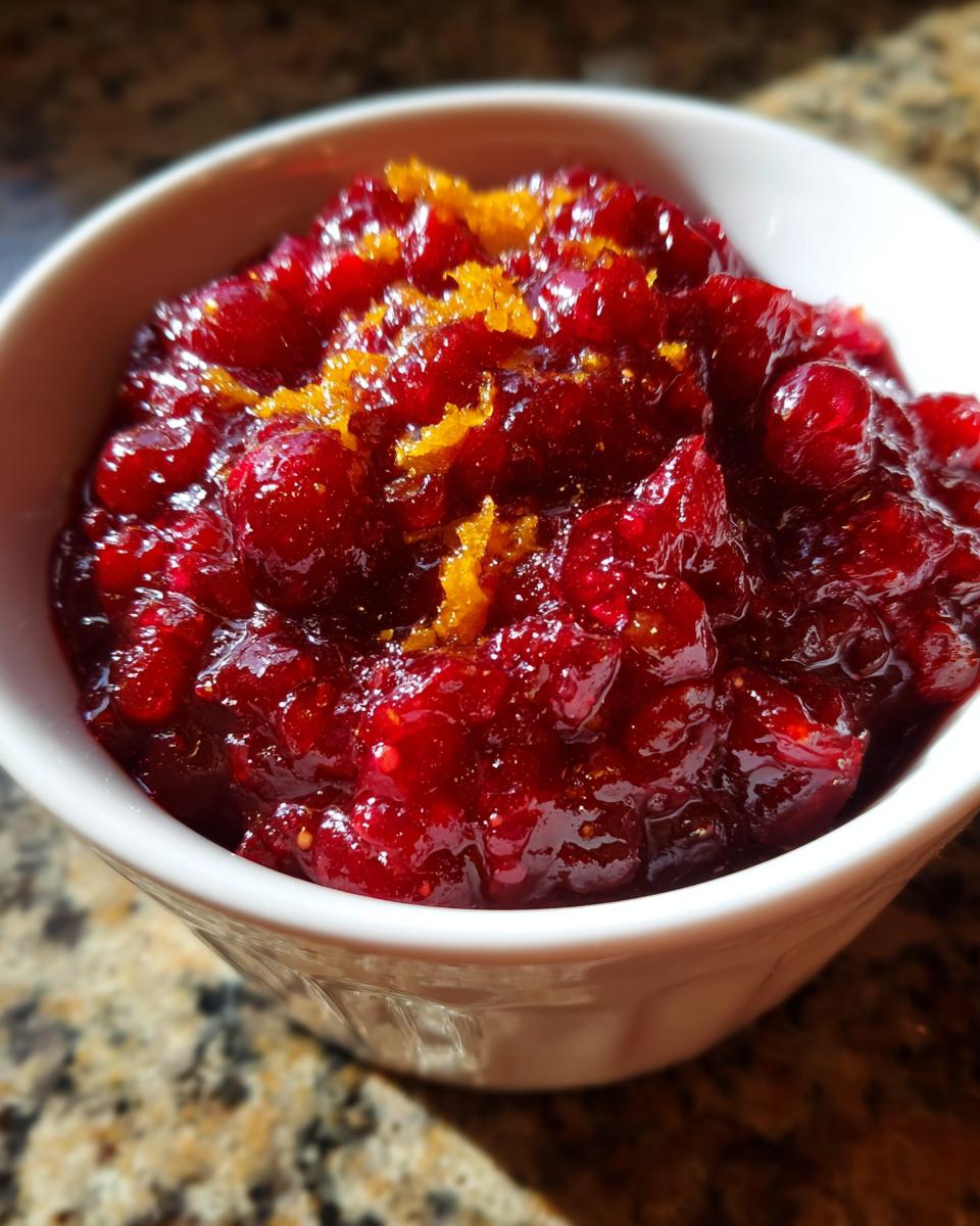 Close-up of a bowl of vibrant red cranberry relish, topped with bright orange zest.