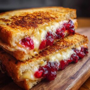 Close-up of a perfectly grilled Cranberry Turkey Melt sandwich, showing gooey cheese and vibrant cranberry filling.