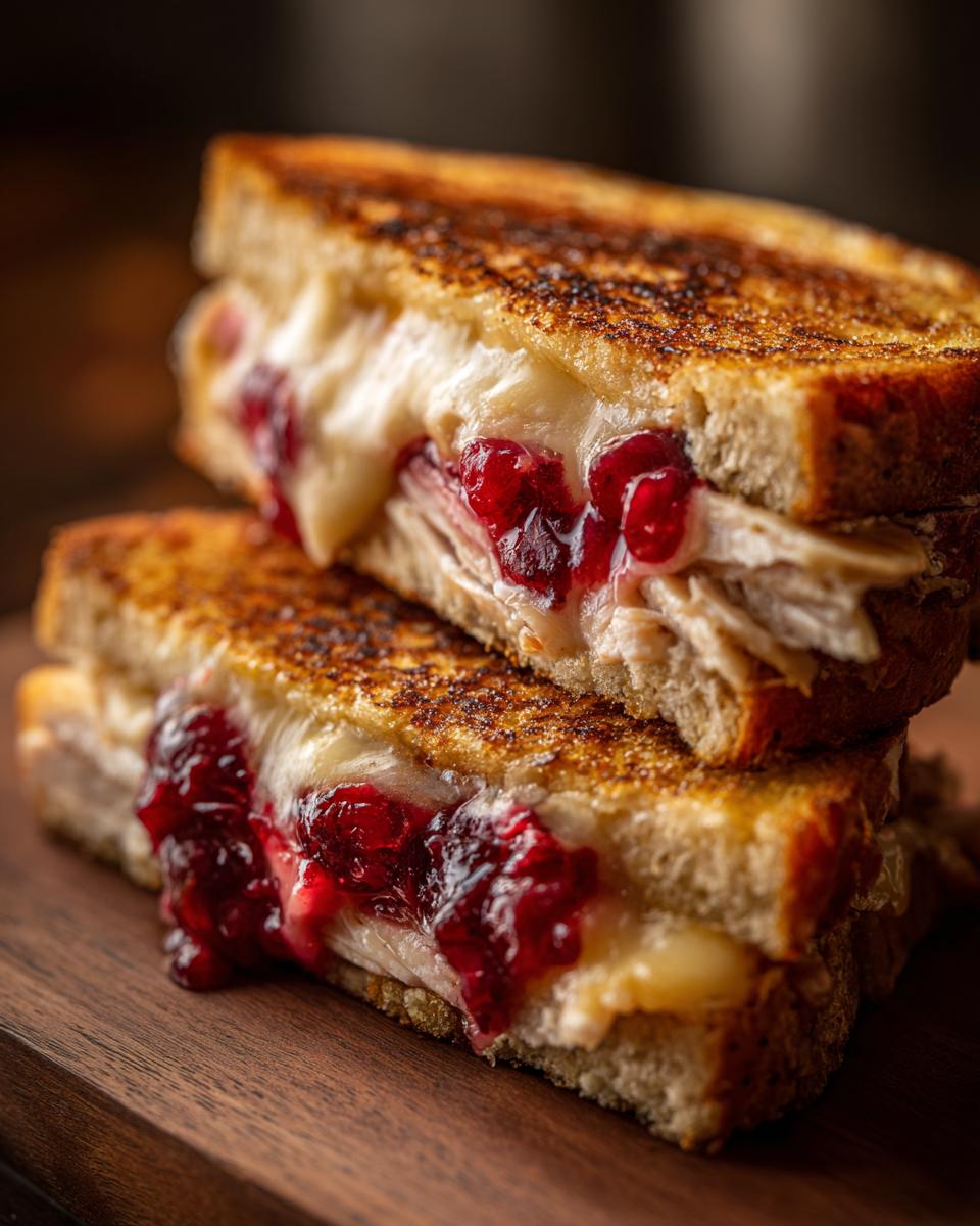 Close-up of a perfectly grilled Cranberry Turkey Melt sandwich with melted cheese and cranberry sauce.