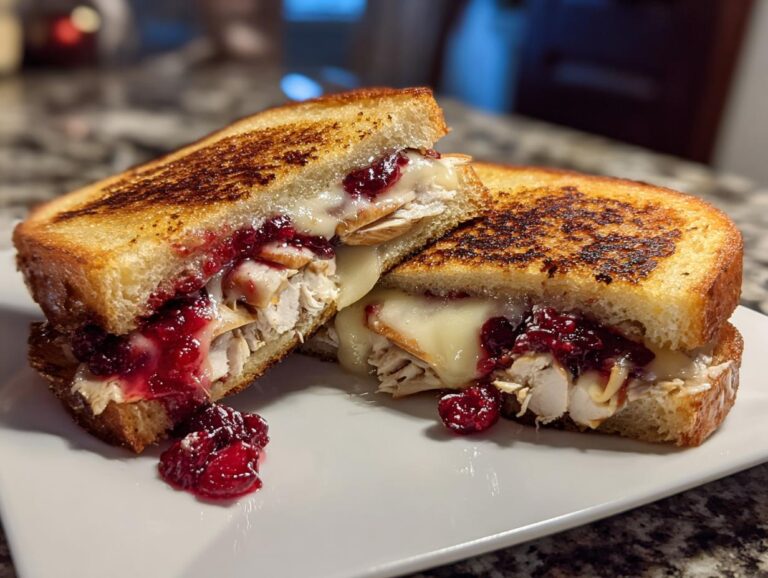 A close-up of a perfectly grilled Cranberry Turkey Melt sandwich, overflowing with turkey, melted cheese, and cranberry sauce.