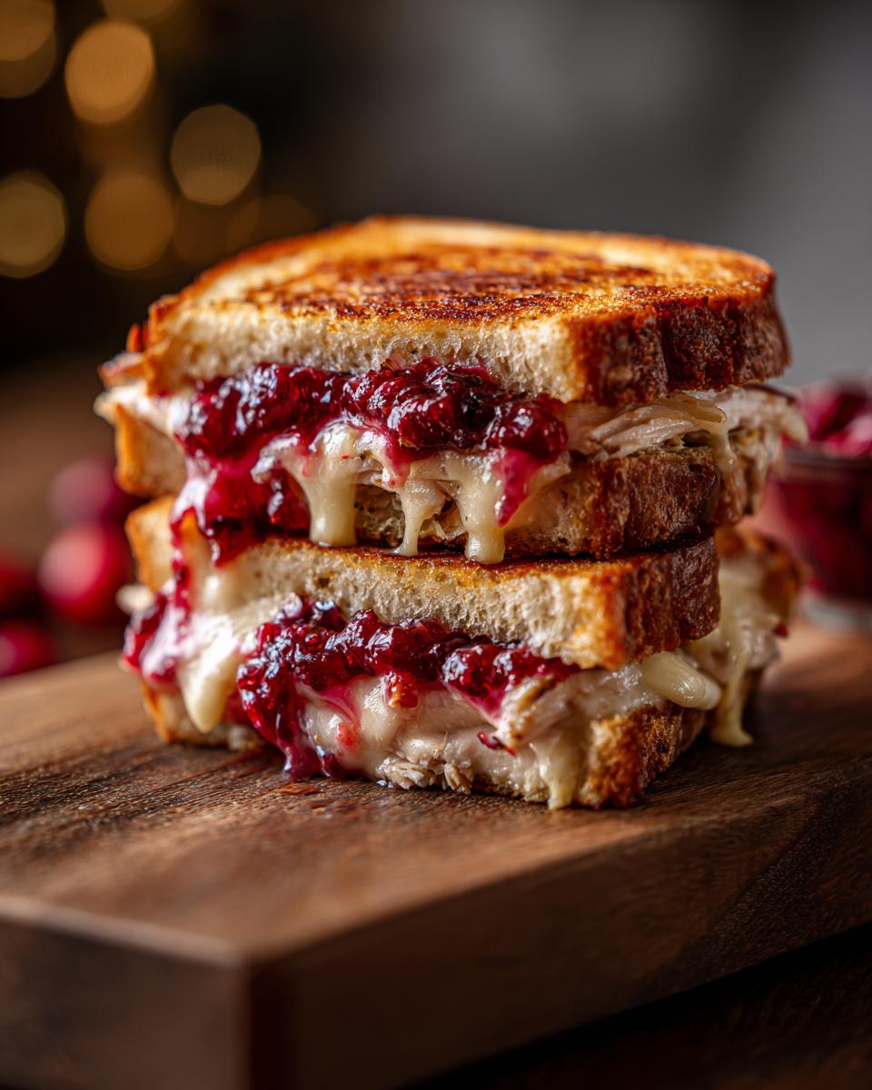 A delicious Cranberry Turkey Melt sandwich stacked high with melted cheese and cranberry sauce on toasted bread.