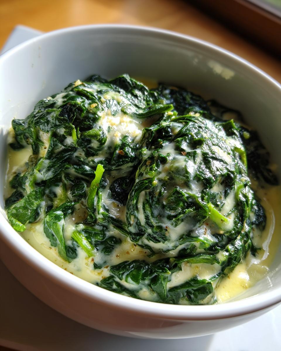 Close-up of rich, creamy spinach in a white bowl, showcasing the vibrant green leaves coated in a luscious sauce.