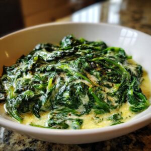 Close-up of rich and creamy spinach in a white bowl, showcasing the vibrant green leaves coated in a luscious sauce.