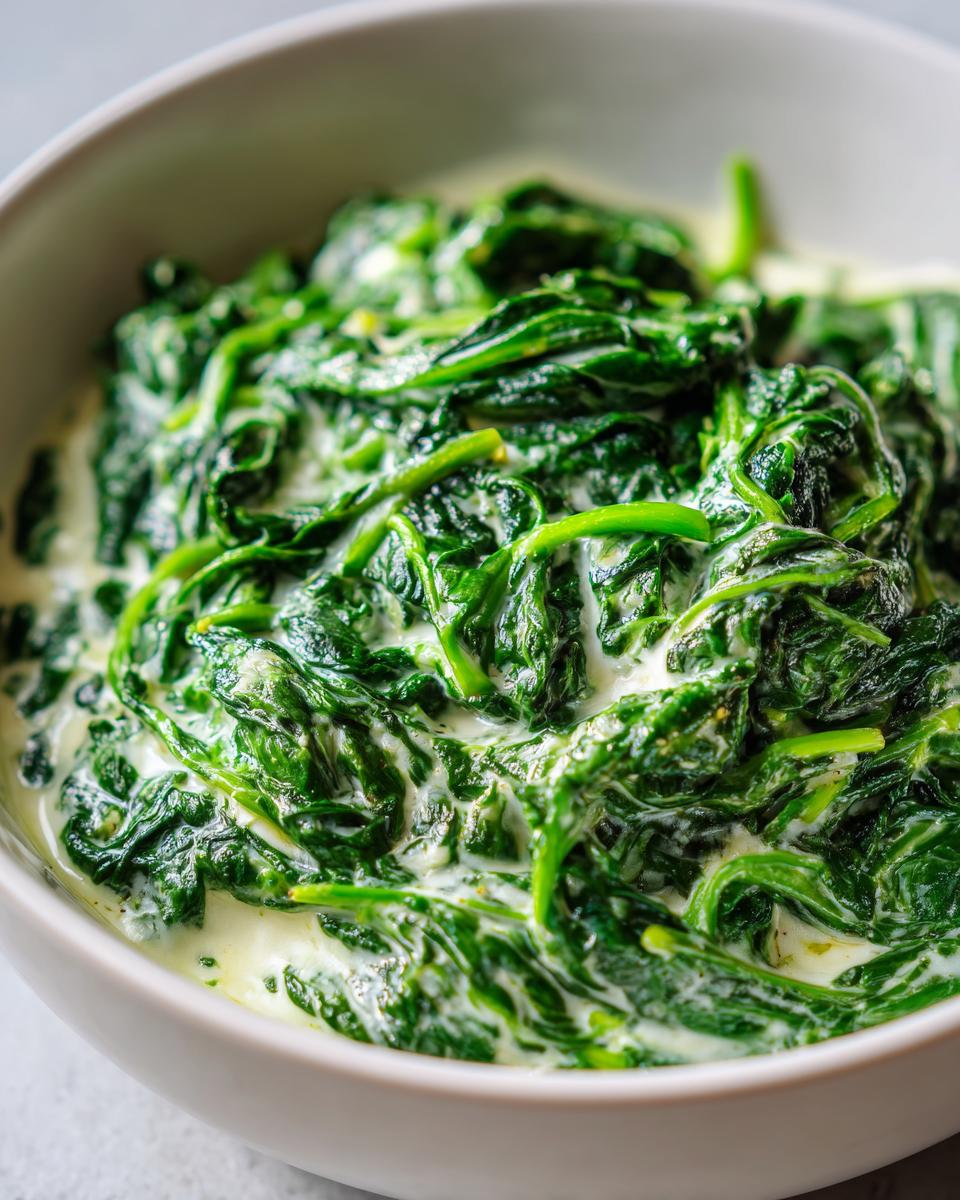 Close-up of rich and creamy creamed spinach, a vibrant green dish in a white bowl.