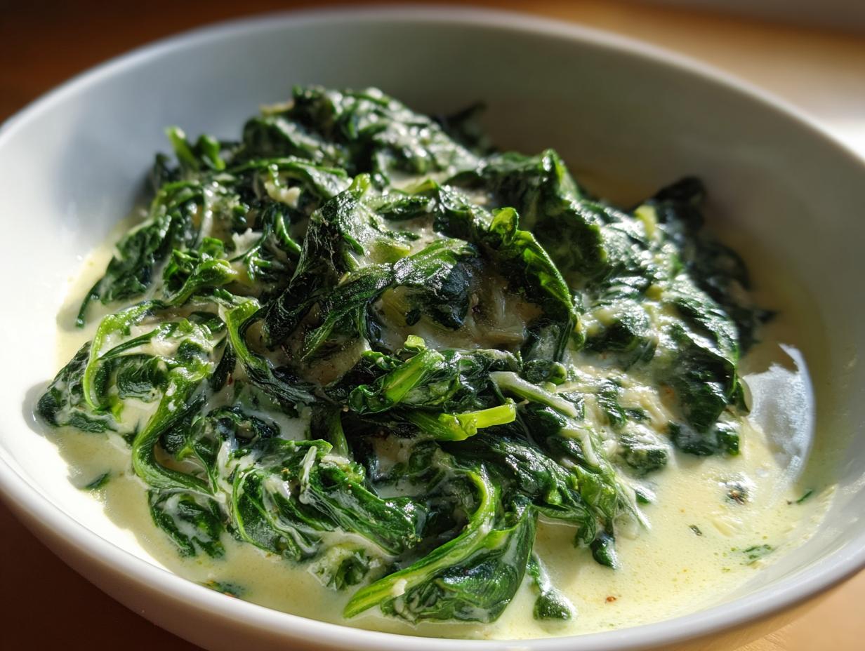 A close-up, overhead shot of rich and creamy spinach in a white bowl, showcasing the vibrant green leaves coated in a luscious sauce.