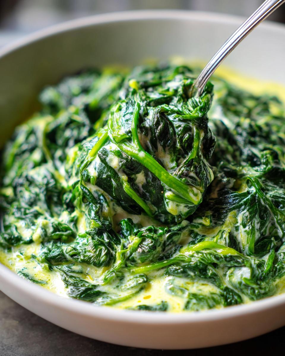 Close-up of a fork scooping up a generous portion of rich and creamy cremed spinach from a white bowl.