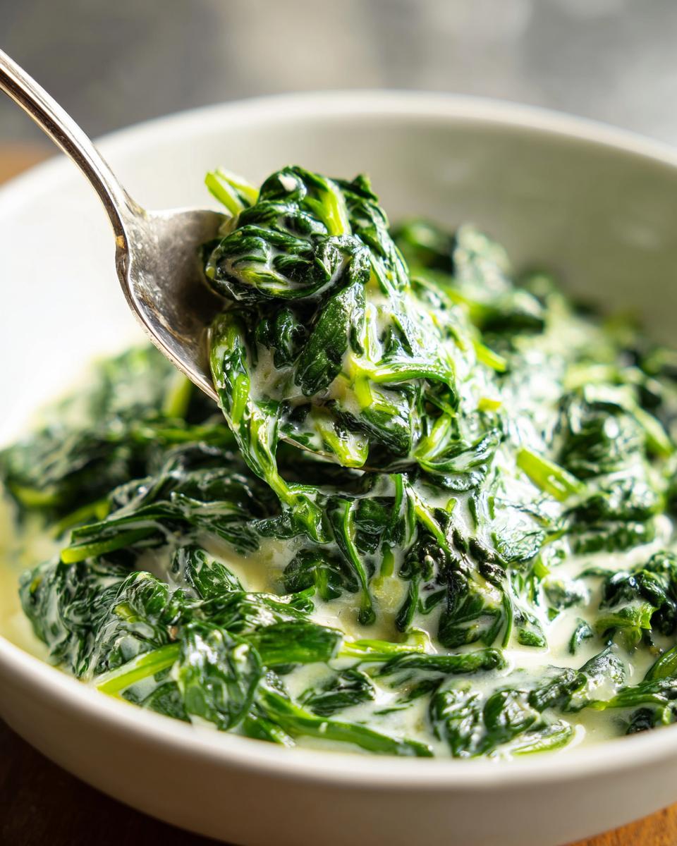 A spoonful of rich and creamy creamed spinach being lifted from a bowl.