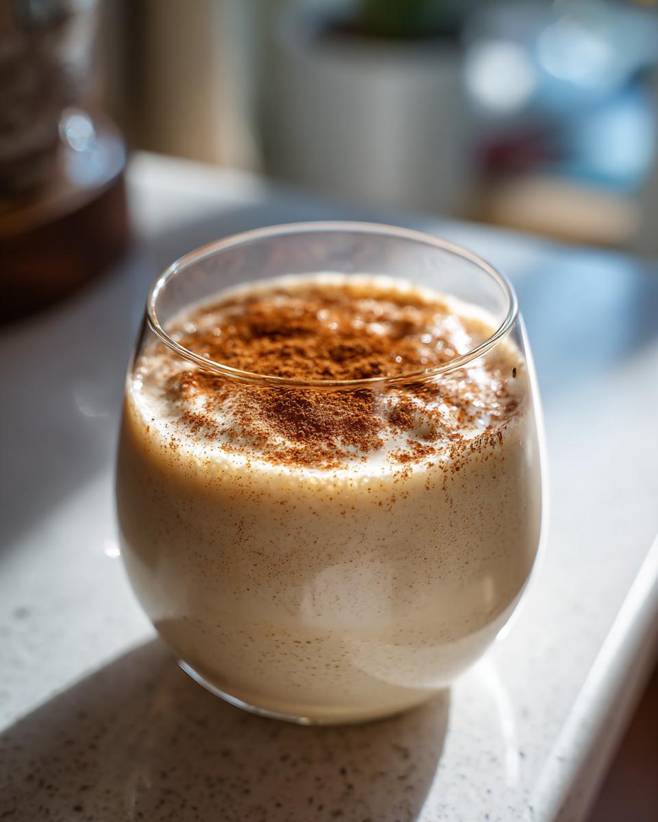 A close-up of a glass filled with creamy Coquito, topped with a generous dusting of cinnamon.