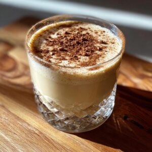 A close-up of a glass of creamy Coquito, topped with frothy foam and a dusting of cinnamon.