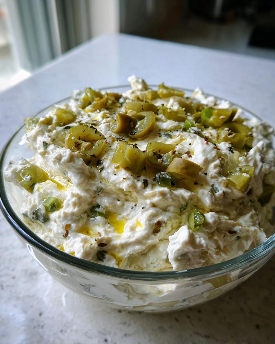Close-up of a creamy, white dirty martini dip topped with chopped green olives, herbs, and olive oil.