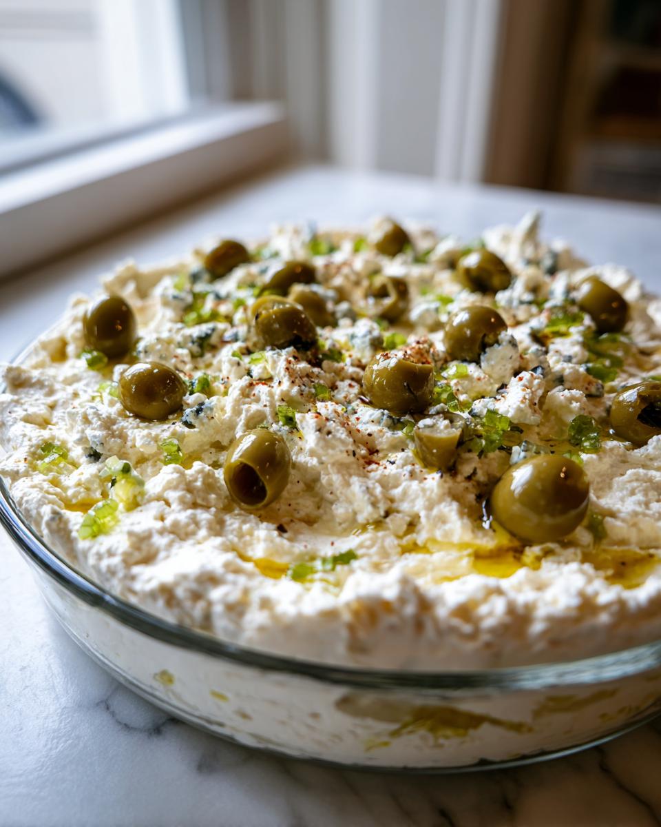 A close-up of a creamy dirty martini dip in a glass bowl, garnished heavily with green olives and blue cheese crumbles.