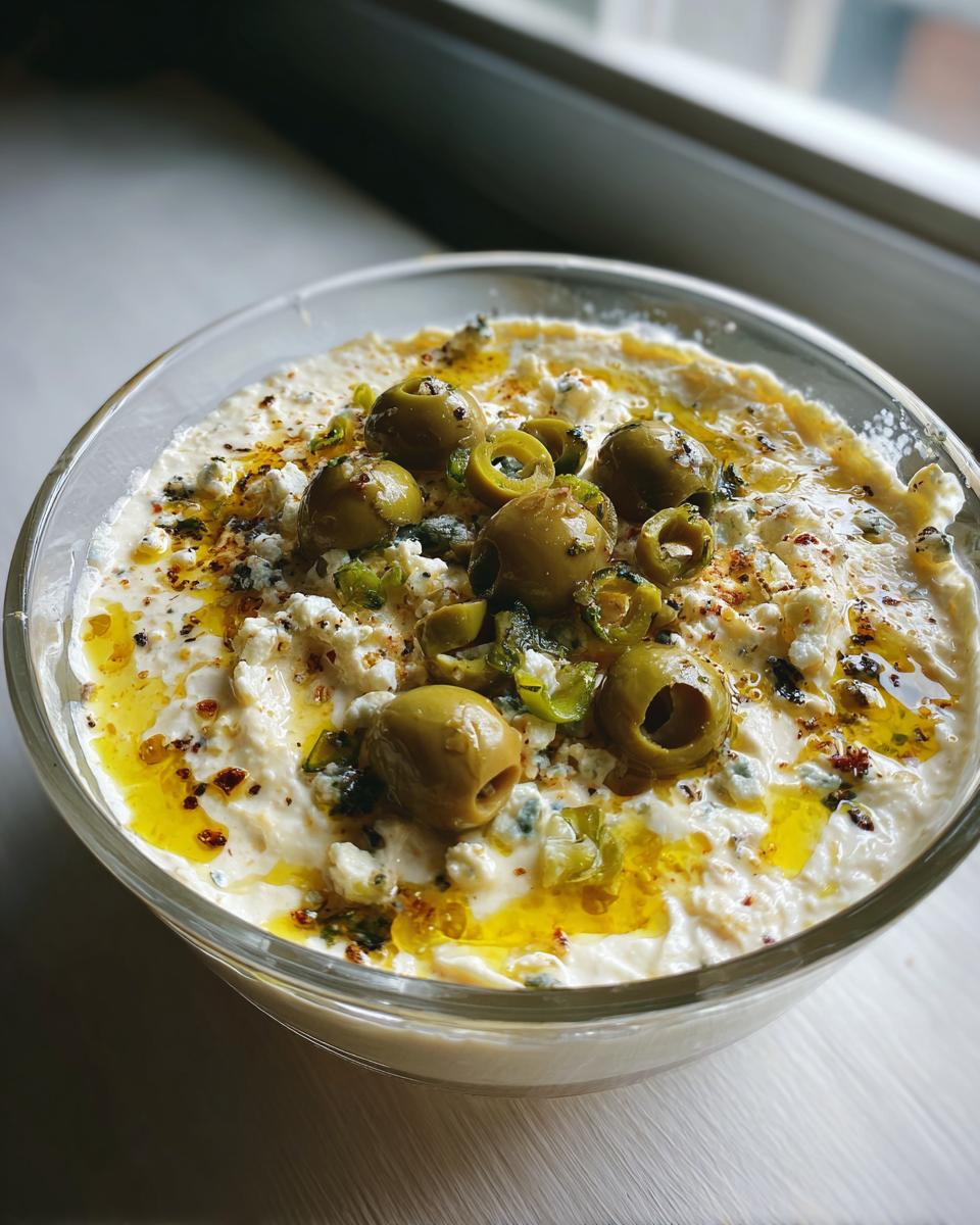 Close-up of a creamy dirty martini dip topped with whole and sliced green olives, blue cheese crumbles, and olive oil.