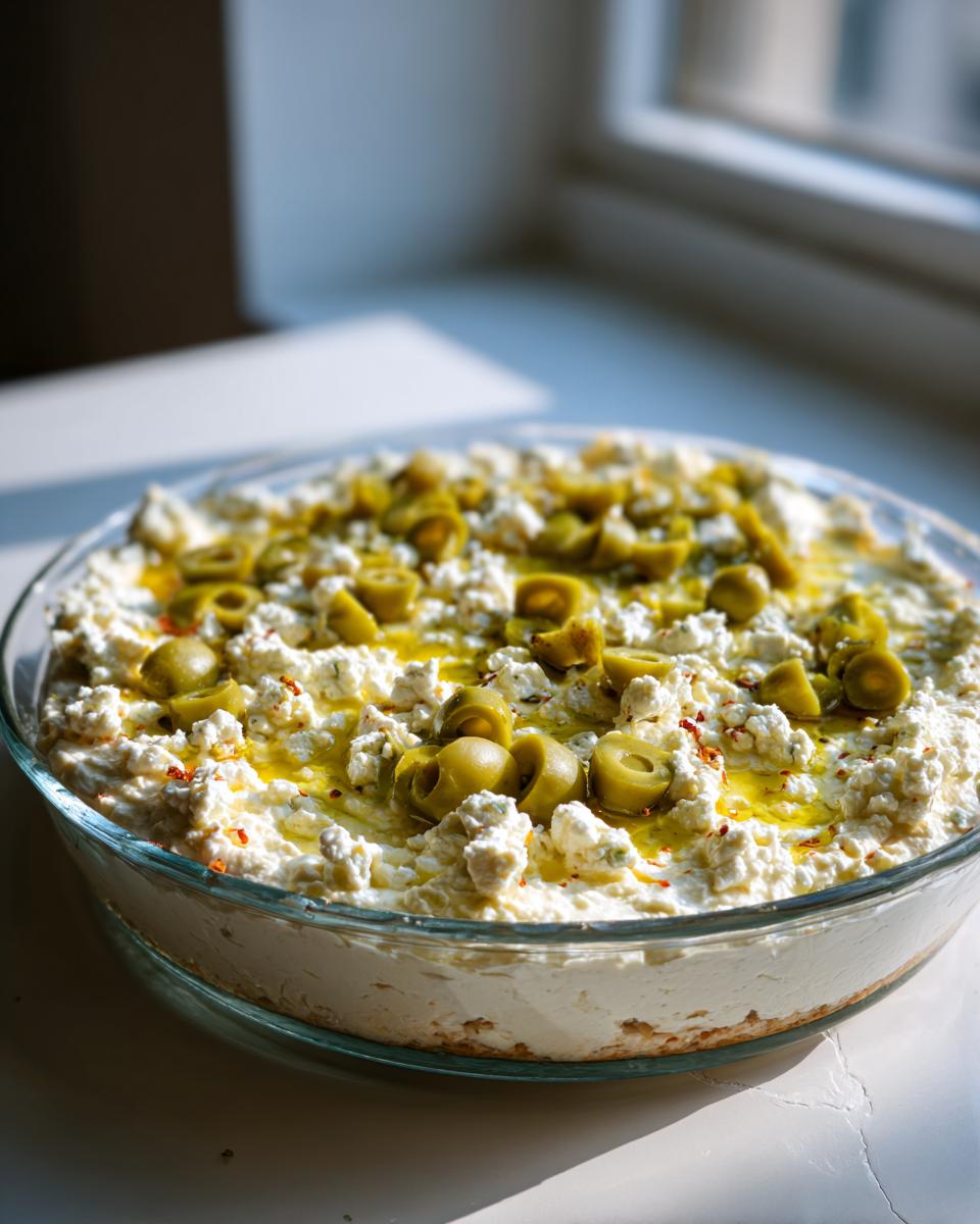 Close-up of a creamy, white dirty martini dip in a glass bowl, topped with sliced green olives and olive oil.