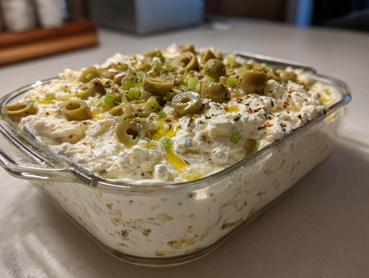 Close-up of a creamy, white dirty martini dip topped with sliced green olives and herbs in a clear glass baking dish.