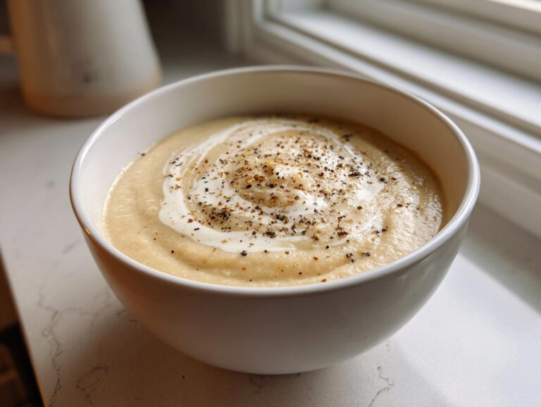 A close-up of creamy roasted cauliflower soup, swirled with cream and topped with cracked black pepper.