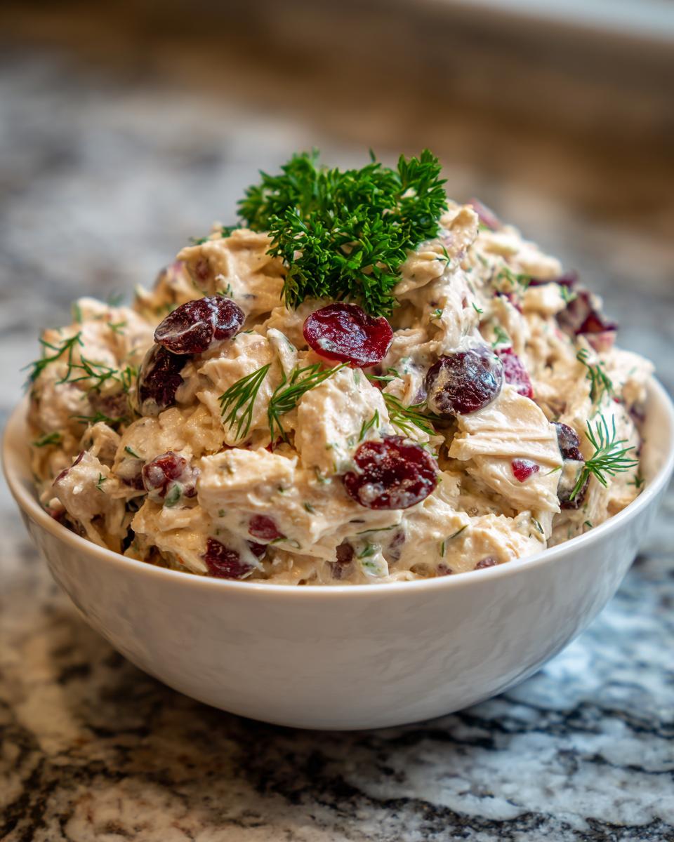 A bowl of creamy turkey salad with visible chunks of turkey, dried cranberries, and fresh dill and parsley.