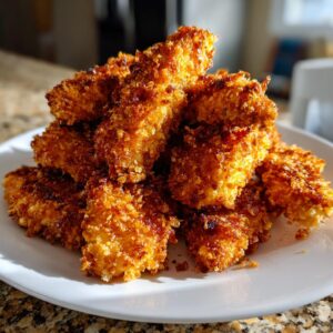 A close-up pile of golden brown, crispy air fryer chicken tenders stacked on a white plate.