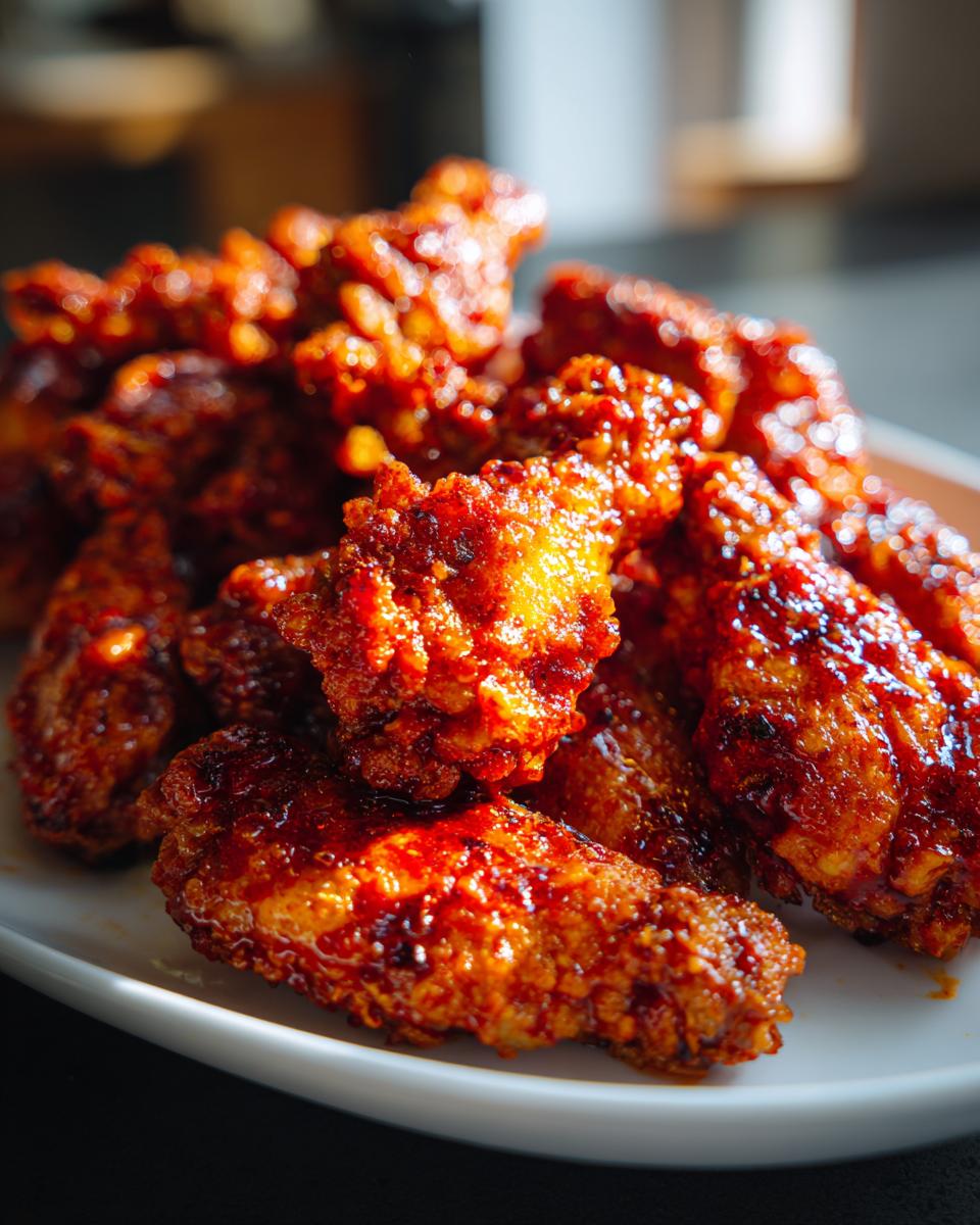 Close-up of a pile of crispy chicken wings coated in a glossy, reddish-brown sauce.