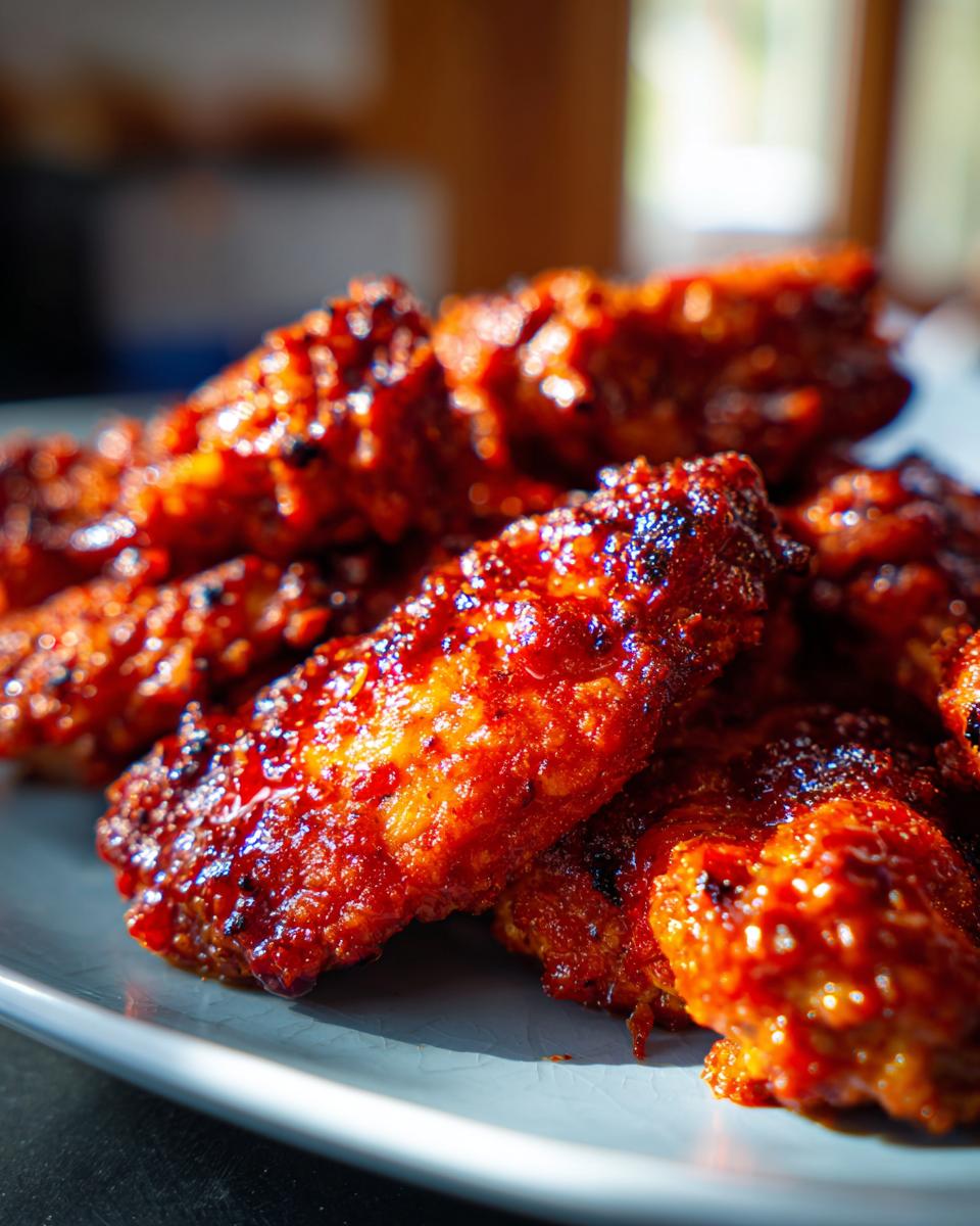 Close-up of a plate of glistening, crispy chicken wings coated in a rich, red glaze.