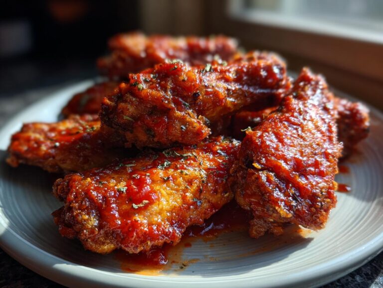 Close-up of a plate piled high with crispy chicken wings coated in a glossy, red sauce and sprinkled with herbs.