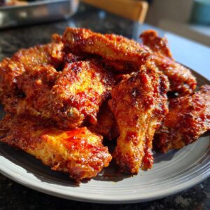 A close-up shot of a pile of glistening, crispy chicken wings on a grey plate.