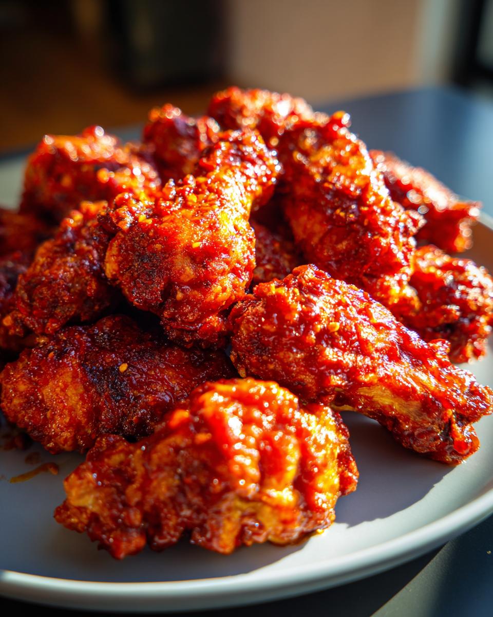 A close-up of a pile of glistening, crispy chicken wings coated in a vibrant red, spicy glaze.