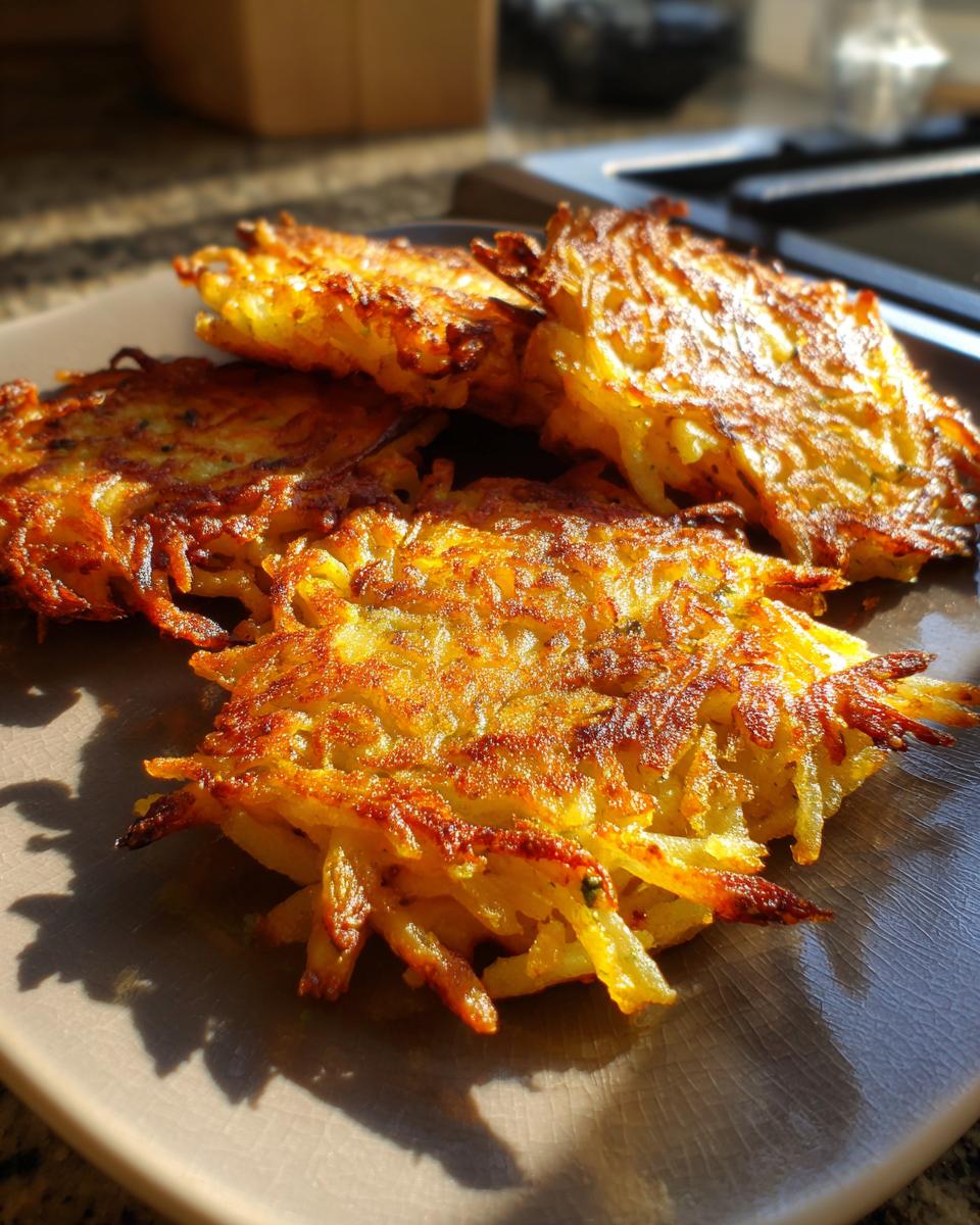 Close-up of four perfectly crispy golden latkes piled on a brown plate, showcasing their shredded potato texture.