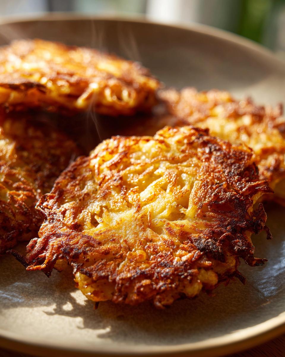 Close-up of perfectly crispy, golden-brown latkes on a plate, with steam rising.