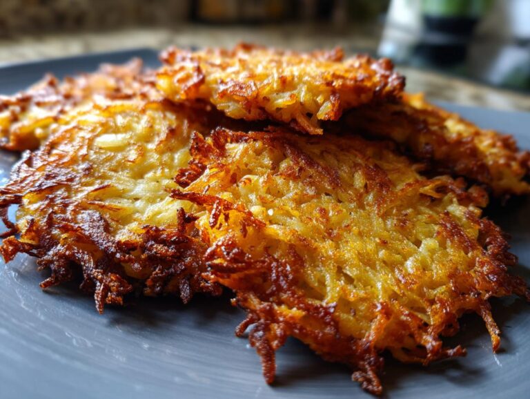 Close-up of golden brown, crispy latkes piled on a gray plate, showcasing their shredded potato texture.