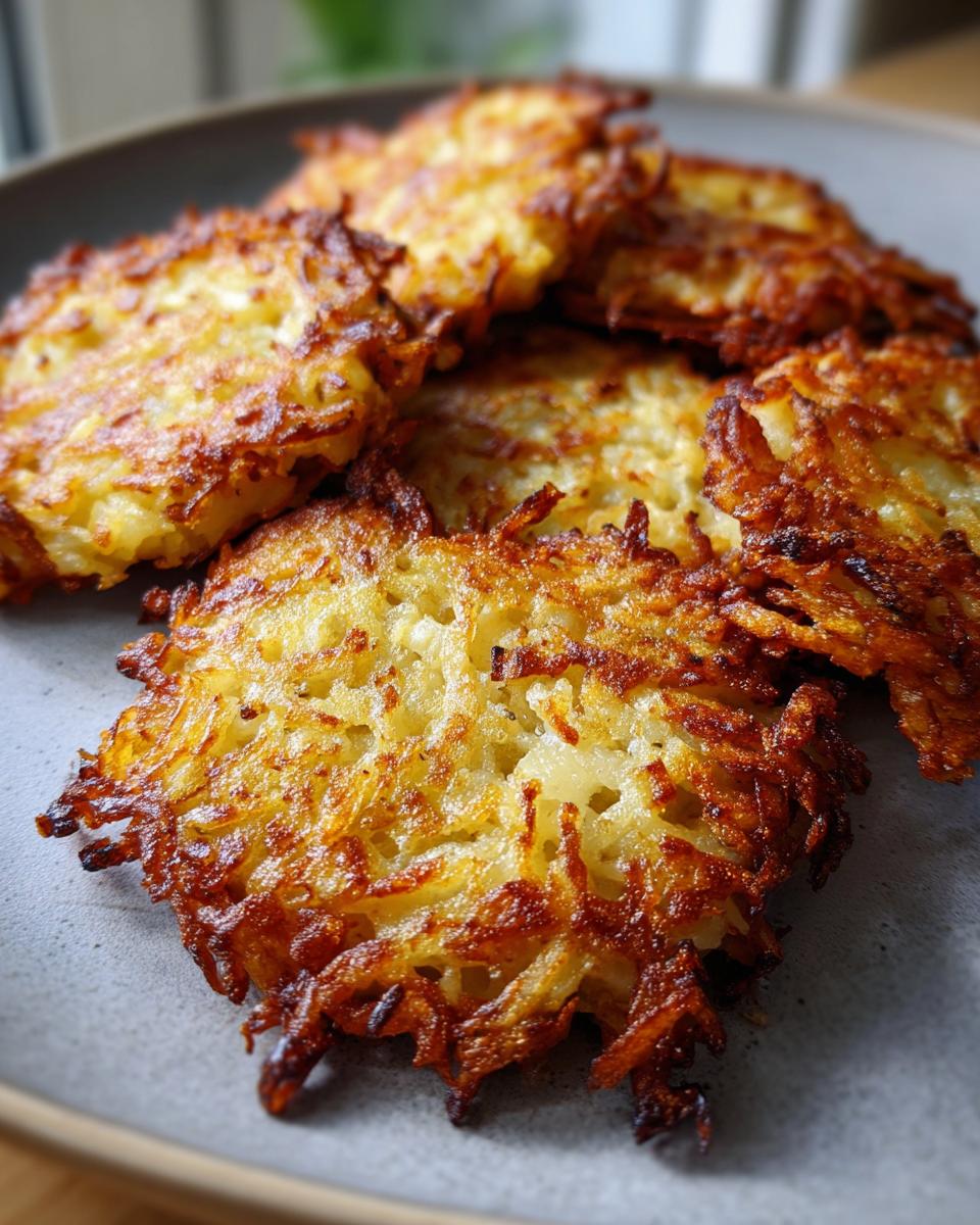 A close-up of a stack of golden-brown, crispy latkes on a gray plate. These latkes are made from shredded potatoes and fried to perfection.