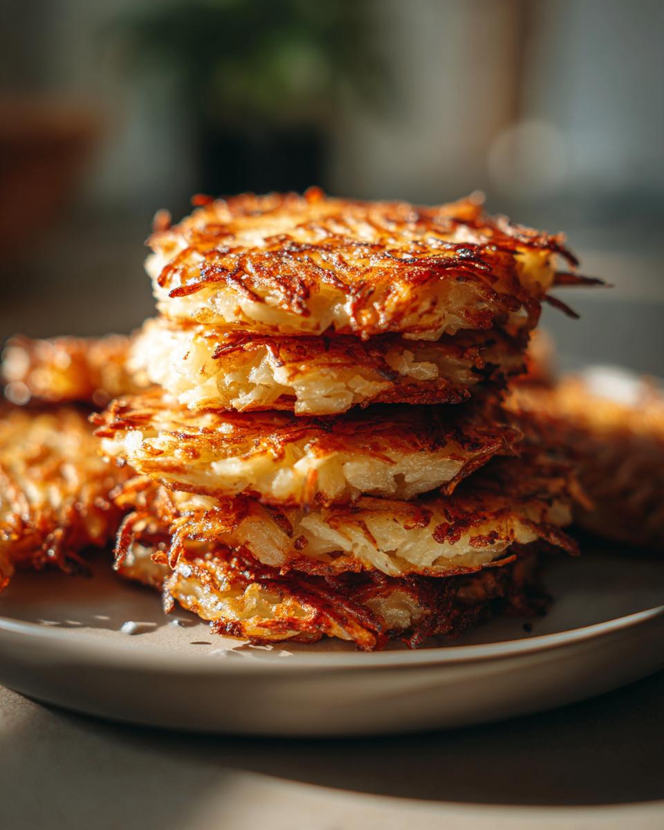 A close-up stack of perfectly crispy, golden-brown latkes on a plate, showcasing their shredded potato texture.