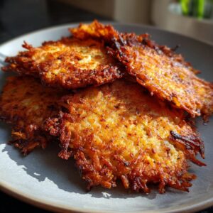 Close-up of a stack of golden brown, crispy latkes on a grey plate, showcasing their shredded potato texture.