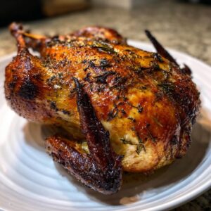 A perfectly roasted duck with crispy, golden-brown skin, seasoned with herbs, served on a white plate.