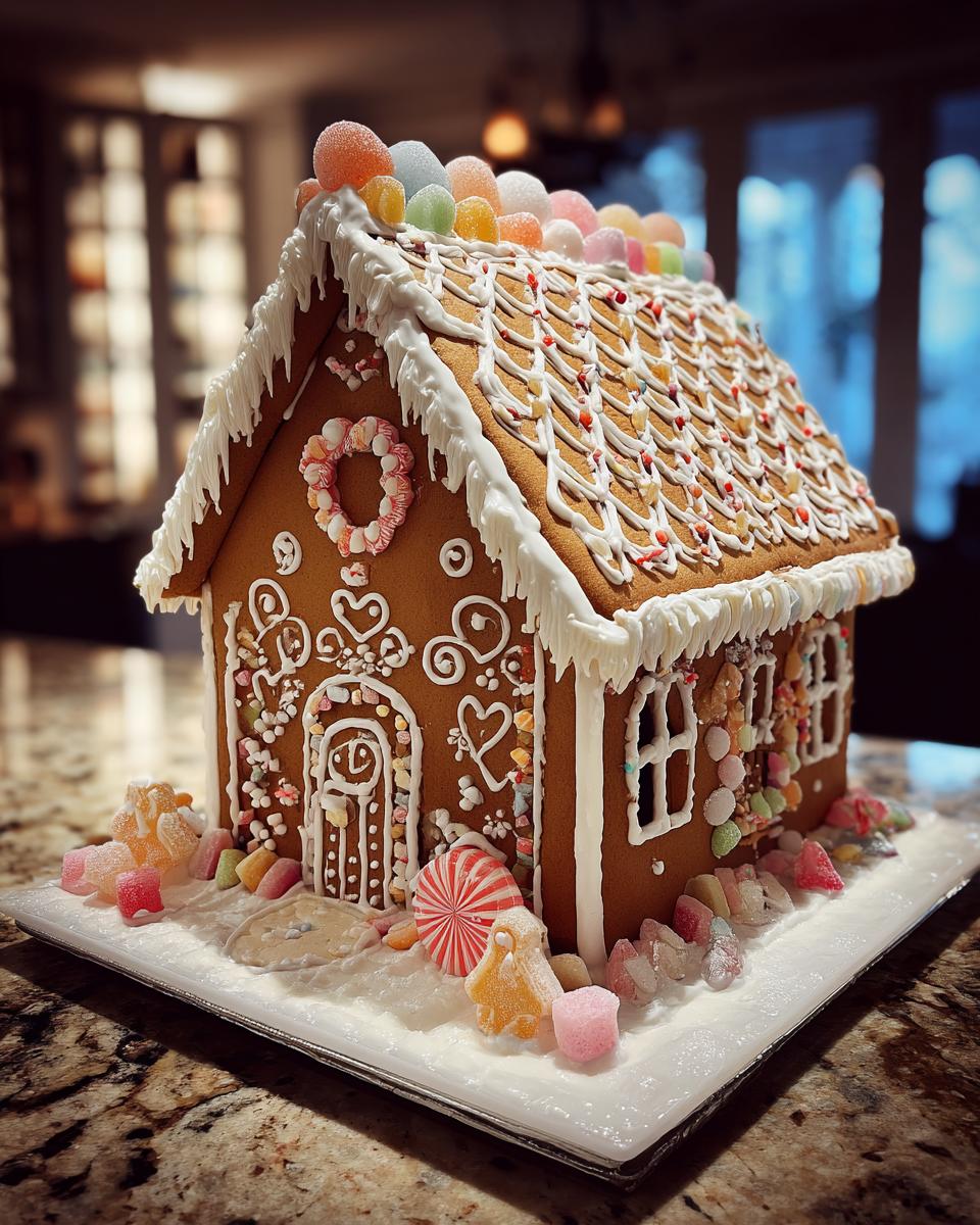 A beautifully decorated gingerbread house with white icing, colorful candies, and gumdrops on the roof.