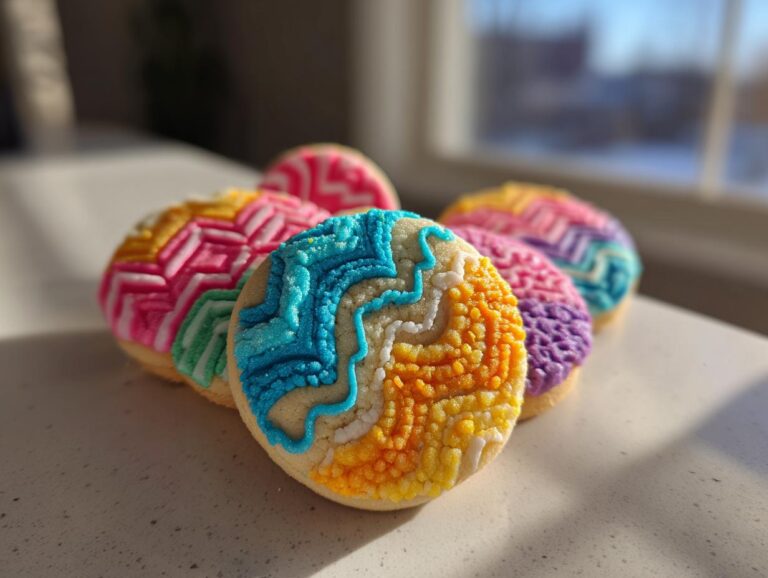 Close-up of several vibrantly decorated sugar cookies with colorful frosting designs.