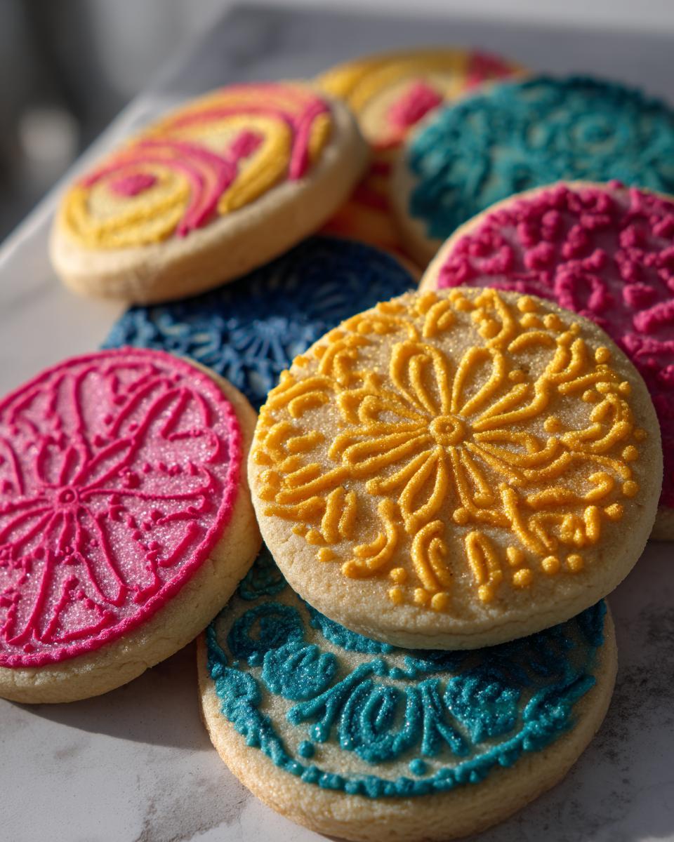 A close-up of several colorful decorated sugar cookies with intricate icing patterns and sparkling sugar.