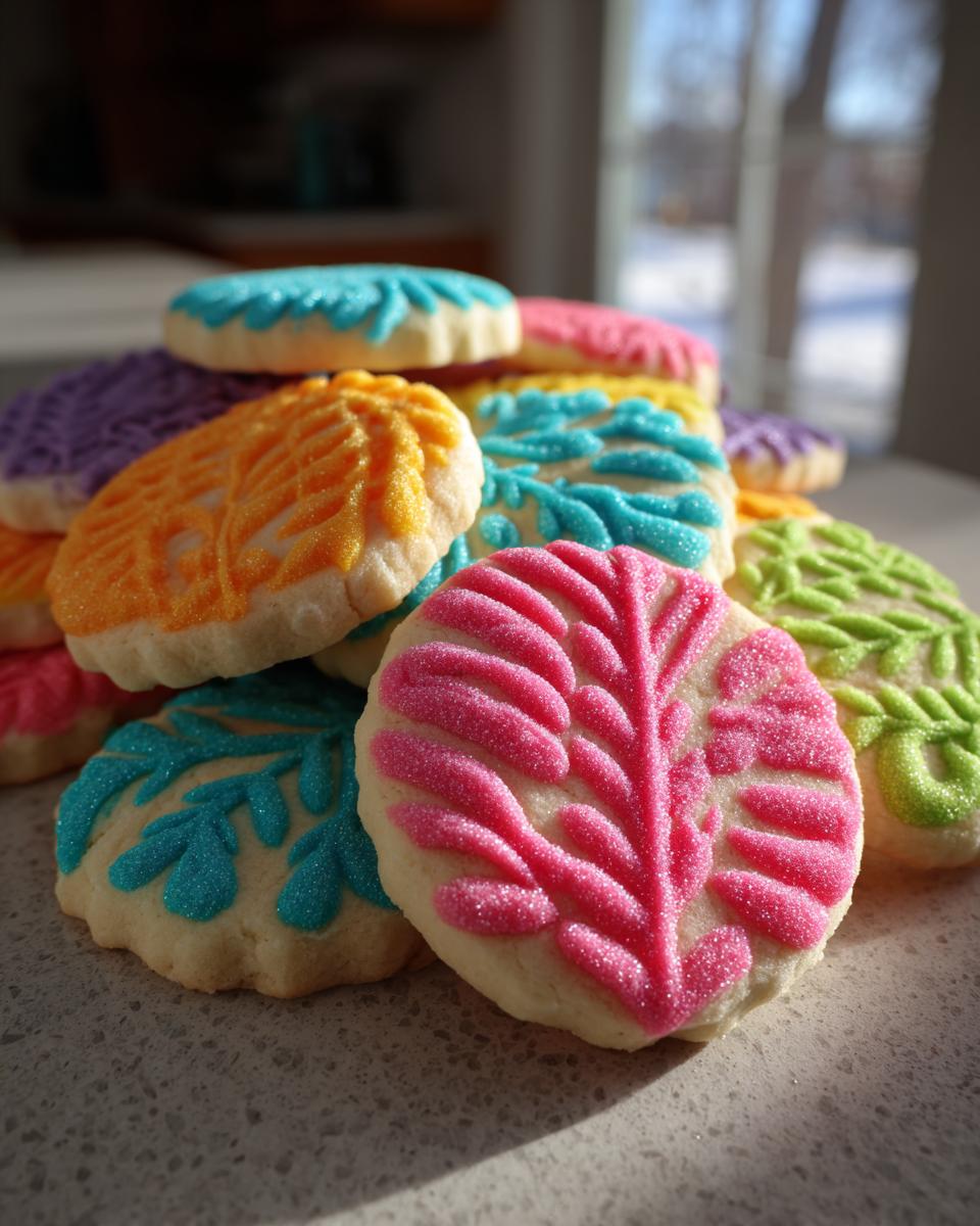 A vibrant stack of decorated sugar cookies featuring colorful icing and sparkling sugar in leaf and floral patterns.