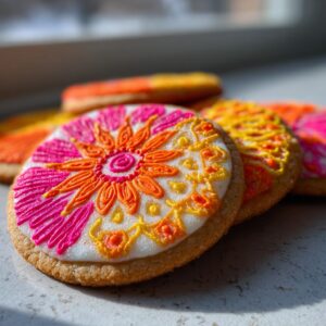 Close-up of vibrantly decorated sugar cookies featuring intricate floral patterns in pink, orange, and yellow icing.
