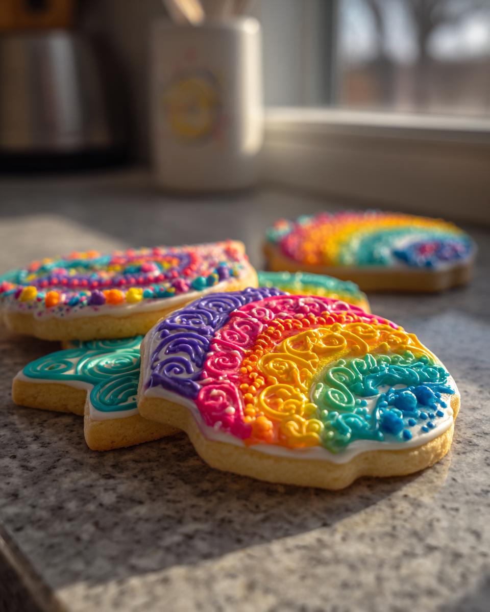 A close-up of several beautifully decorated sugar cookies featuring vibrant rainbow designs and intricate icing patterns.