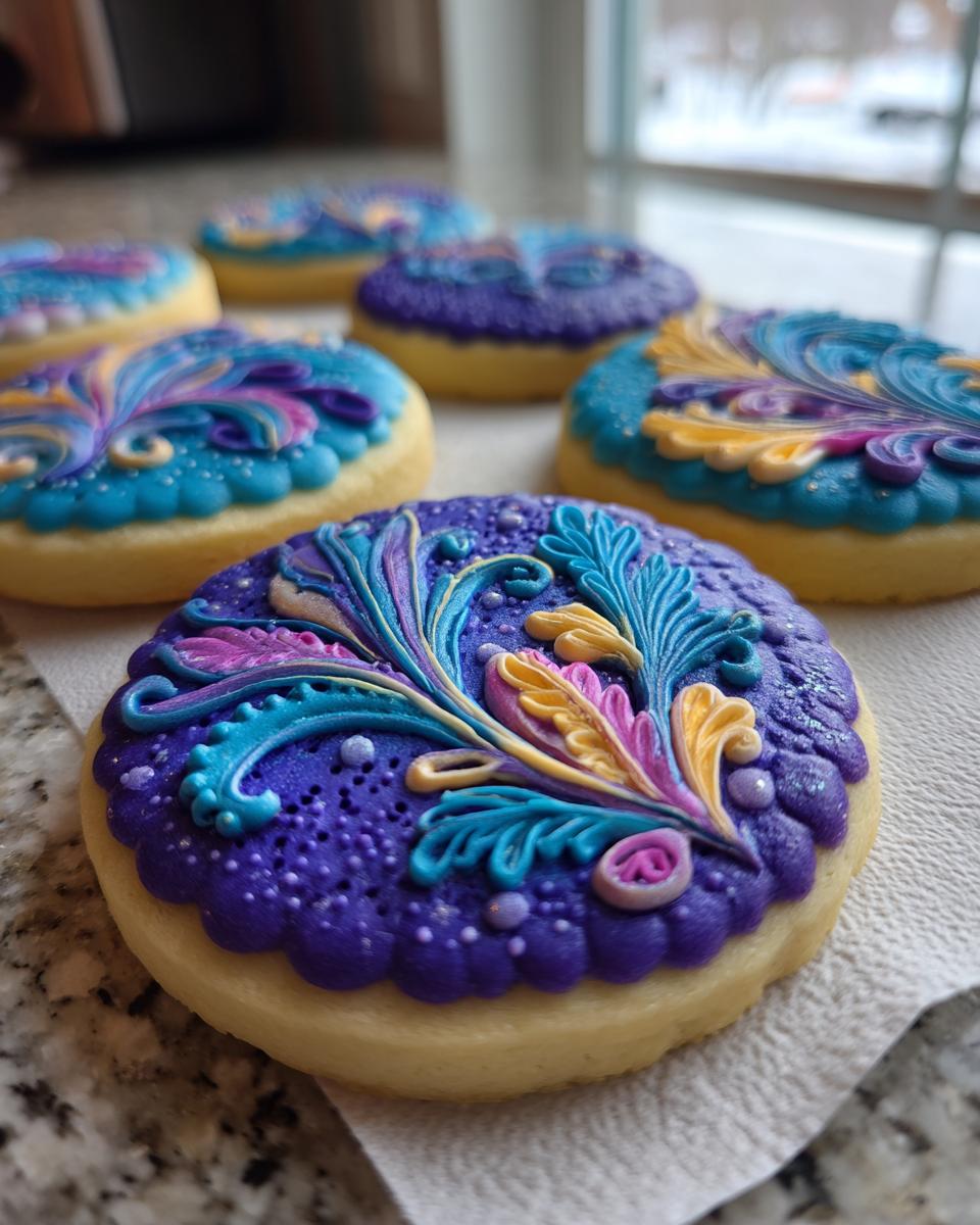 Close-up of intricately decorated sugar cookies with vibrant royal icing designs in purple, blue, and yellow.