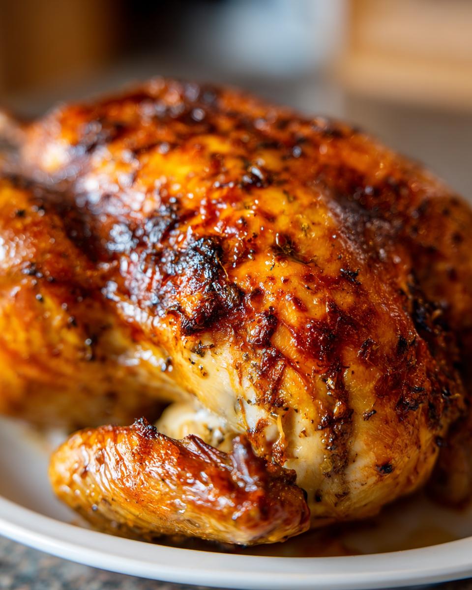 Close-up of a perfectly cooked, golden-brown deep fried turkey with crispy skin and visible herbs.