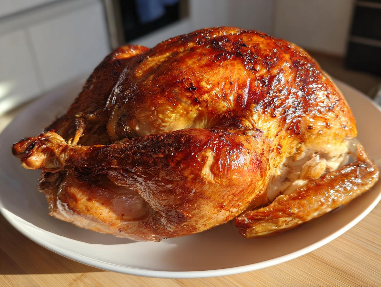 A golden-brown, perfectly deep fried turkey resting on a white plate, ready for carving.