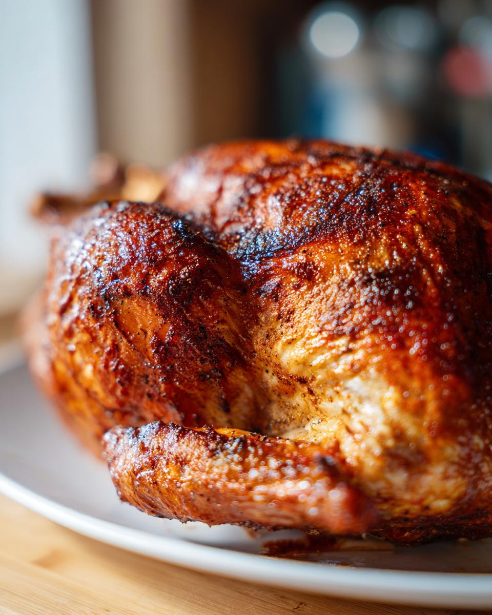 A perfectly cooked, golden-brown deep fried turkey rests on a white plate, ready to be served.