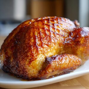 A perfectly golden-brown deep fried turkey resting on a white platter, showcasing its crispy skin.